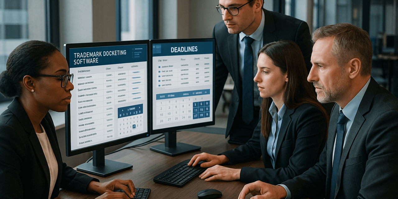 Legal team managing trademark docketing software on computer screens in law firm