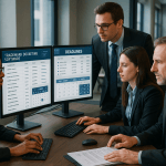 Legal team managing trademark docketing software on computer screens in law firm