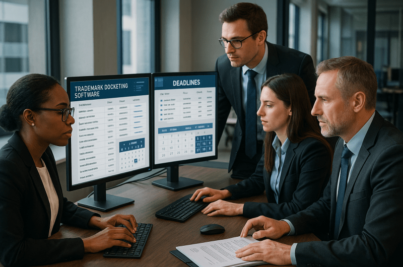 Legal team managing trademark docketing software on computer screens in law firm