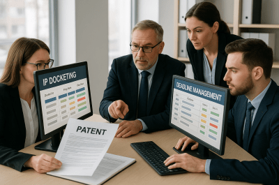 Legal team collaborating over IP docketing system displaying patent deadline management