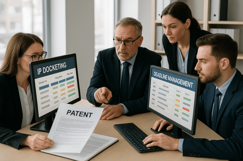 Legal team collaborating over IP docketing system displaying patent deadline management