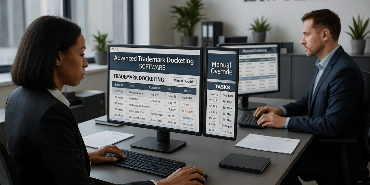 IP docketing managers working with trademark docketing software featuring manual override capabilities in a law firm office