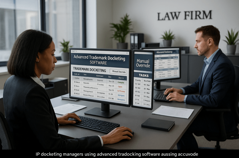 IP docketing managers working with trademark docketing software featuring manual override capabilities in a law firm office