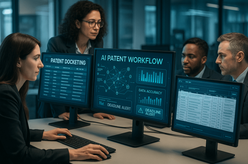 Patent docketing managers using AI-assisted docketing software displays for software and AI patent prosecution