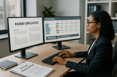 Paralegal managing patent prosecution workflow with docketing software in law office