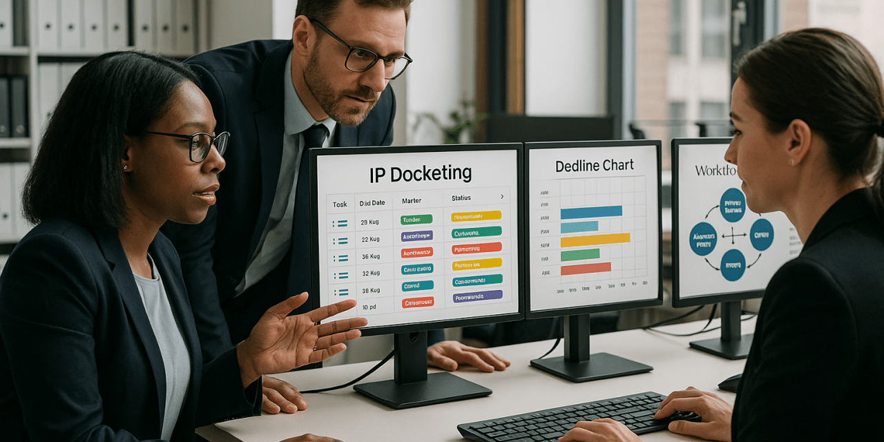 IP professionals using patent docketing software in a modern office environment