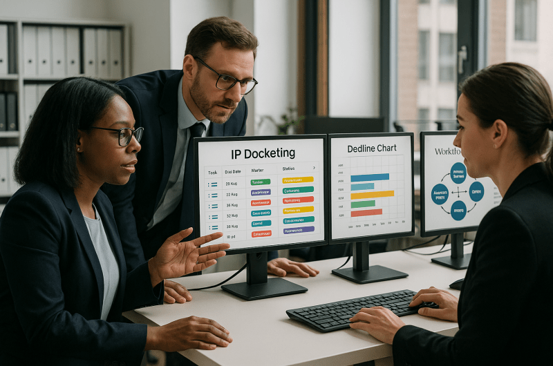 IP professionals using patent docketing software in a modern office environment