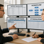 Patent docketing manager and IP paralegal reviewing docketing software displaying patent deadlines and workflows