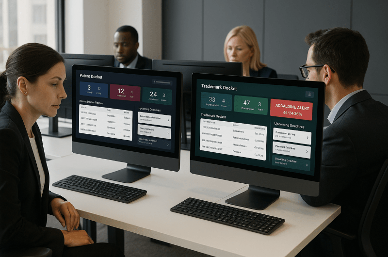 IP professionals managing patent and trademark docketing using advanced docketing software with visible deadlines and alerts on screens.