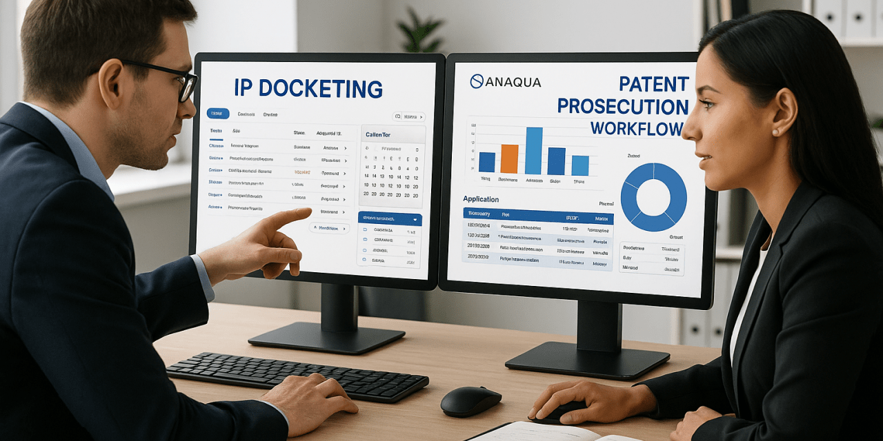 Legal professionals collaborating over integrated IP docketing system and Anaqua software dashboards