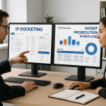 Legal professionals collaborating over integrated IP docketing system and Anaqua software dashboards