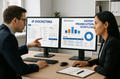 Legal professionals collaborating over integrated IP docketing system and Anaqua software dashboards
