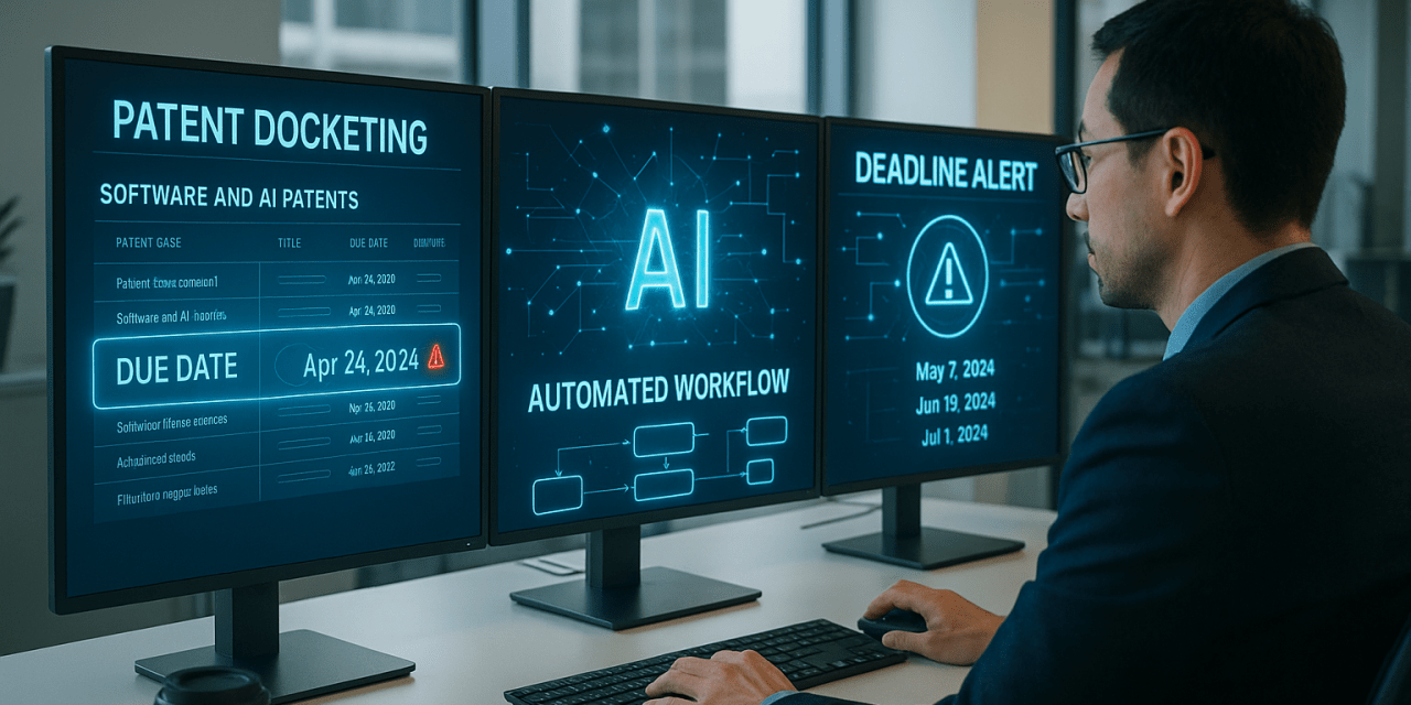Patent docketing manager using AI-powered software to manage software and AI patent deadlines in a law firm