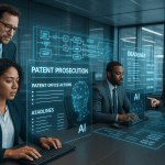 Legal professionals using AI-driven patent prosecution software to manage office actions and deadlines