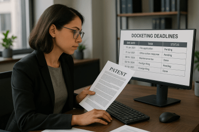 IP paralegal working on patent prosecution docketing and document management in law office