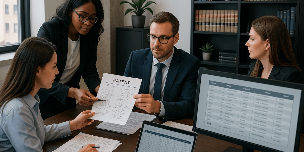 Law firm team collaborating on patent prosecution workflow using docketing software