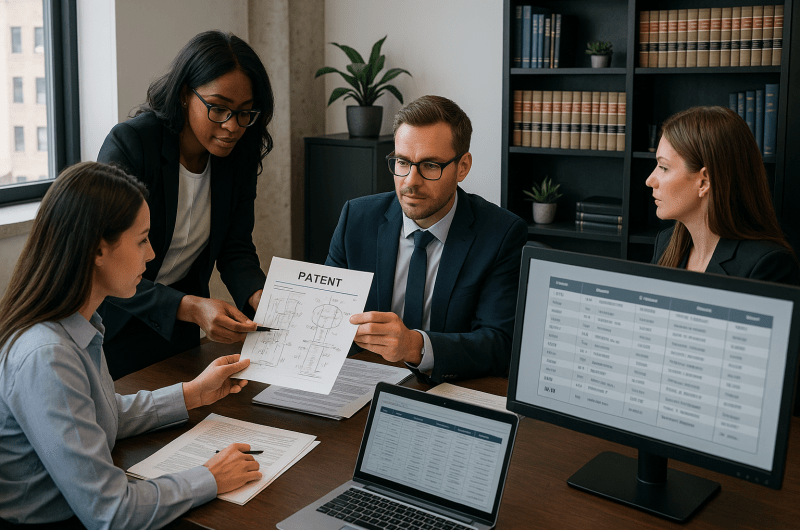Law firm team collaborating on patent prosecution workflow using docketing software