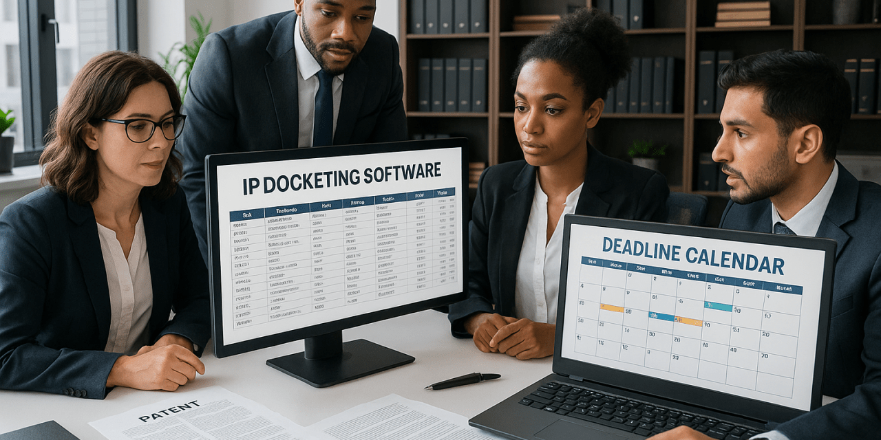Legal professionals reviewing IP docketing software and patent prosecution workflows in a modern law firm office