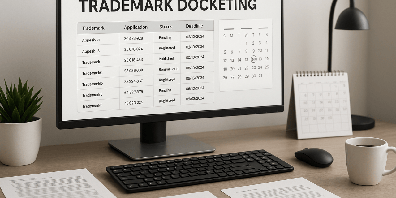 Trademark docketing system displayed on a computer screen with legal documents and calendar in a professional office setting