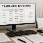 Trademark docketing system displayed on a computer screen with legal documents and calendar in a professional office setting