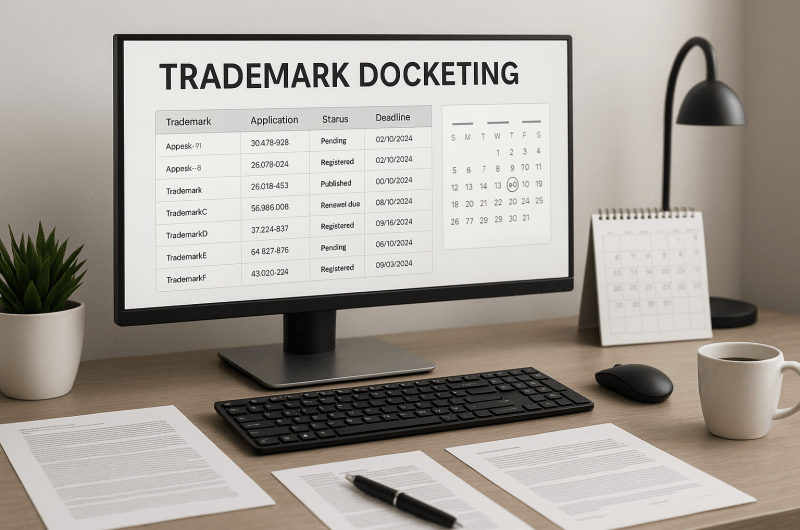 Trademark docketing system displayed on a computer screen with legal documents and calendar in a professional office setting