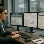 IP paralegal managing docketing and patent prosecution workflows on multiple screens in a law firm office