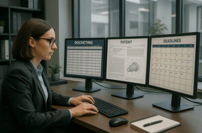 IP paralegal managing docketing and patent prosecution workflows on multiple screens in a law firm office