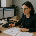 IP paralegal managing patent docketing and prosecution workflow at a law firm desk