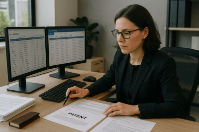IP paralegal managing patent docketing and prosecution workflow at a law firm desk