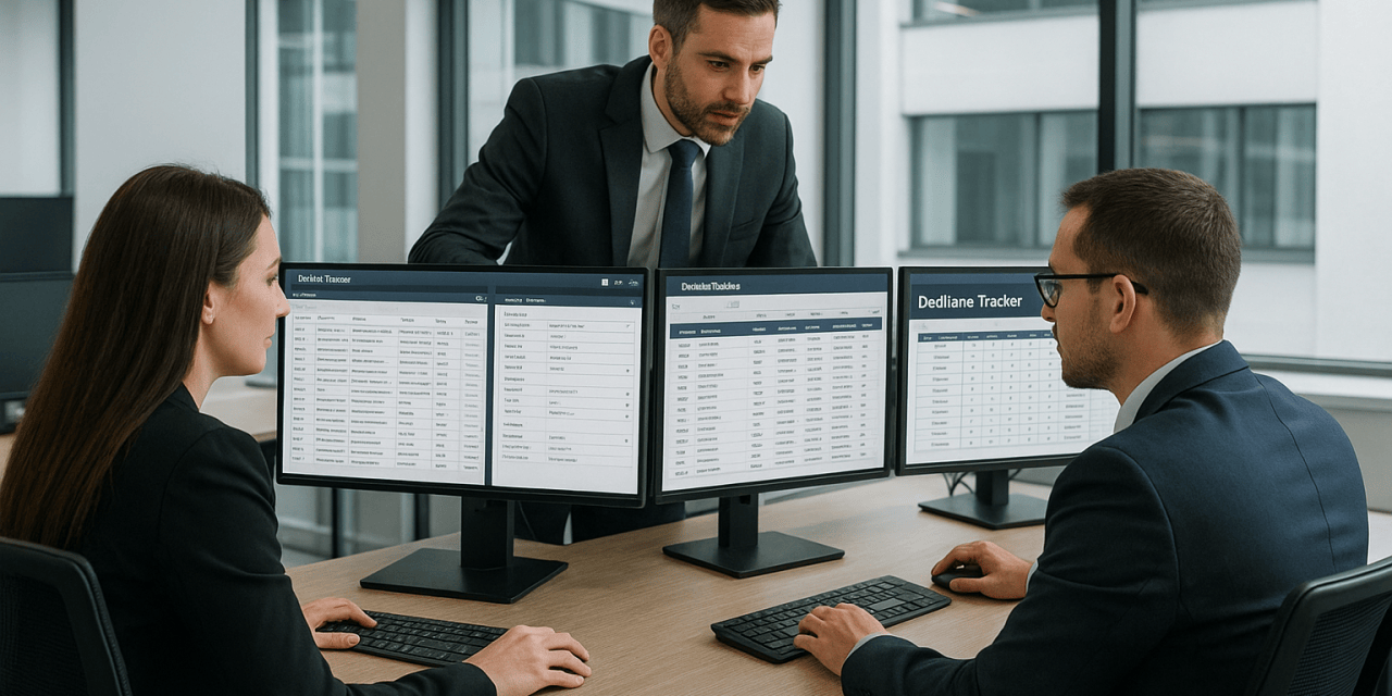 IP docketing managers reviewing patent docketing software and deadline alerts in a modern office