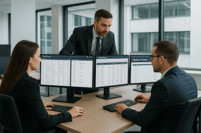 IP docketing managers reviewing patent docketing software and deadline alerts in a modern office