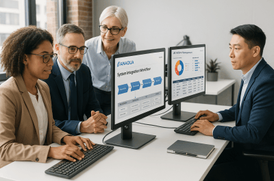 IP legal professionals collaborating using Anaqua docketing system with integrated workflows on computer screens