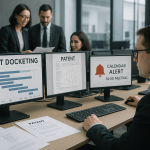 IP professionals managing patent docketing workflow with digital tools and patent documents in a law firm setting