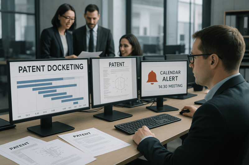 IP professionals managing patent docketing workflow with digital tools and patent documents in a law firm setting