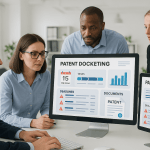 IP professionals using a patent docketing system dashboard in a modern law office environment