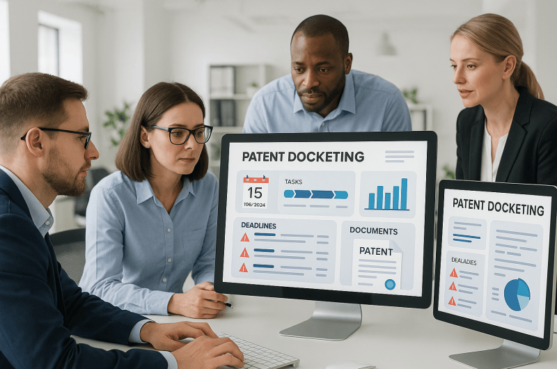 IP professionals using a patent docketing system dashboard in a modern law office environment