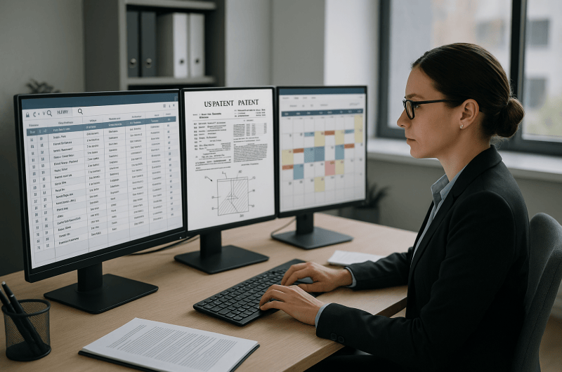 Patent prosecution paralegal managing IP docketing and deadlines in a law office