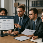 Legal professionals reviewing patent prosecution workflow on computer screens with docketing software