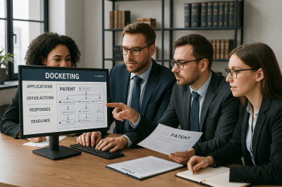 Legal professionals reviewing patent prosecution workflow on computer screens with docketing software