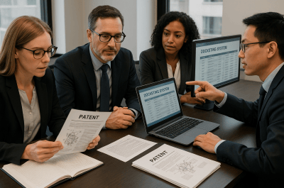 IP legal team managing patent prosecution workflow with docketing software and patent documents