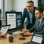 Patent attorneys and docketing managers using AI-powered patent prosecution tools on computers in a modern office